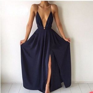 navy chiffon v neck maxi dress